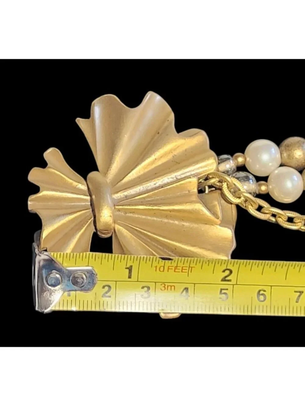Vintage Gold Tone Pin Fan Shape Dangling Beads & Faux Pearls Elegant Design